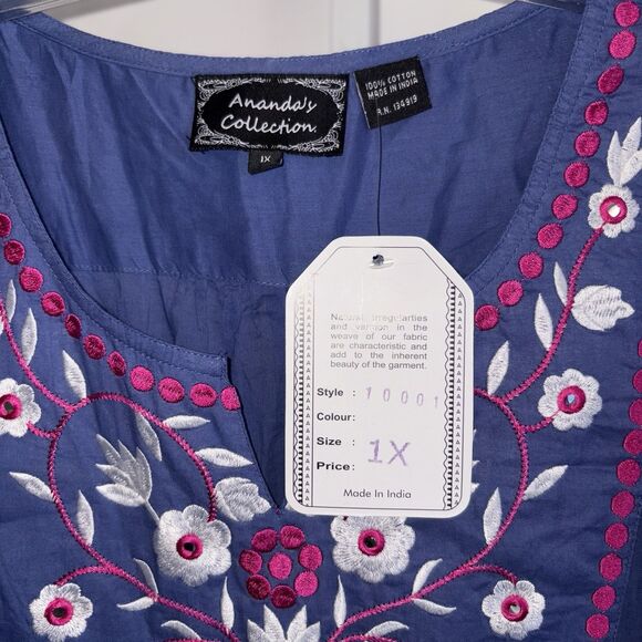 Ana-K Anandas Collection Blue Pink Embroidered Tunic Top Plus Size 1X NWT - Picture 6 of 9